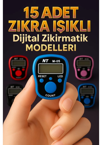 Zikra 15 Adet Karışık Renk Işıklı Dijital Zikirmatik – Yüzük Tipi Tesbih Sayaç