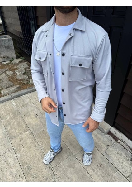 Erkek Diagonal Kumaş Cepli Çıtçıtlı Uzun Kollu, Gömlek Oversize Rahat Kalıp Günlük Şık Stil - Gri fırsatları