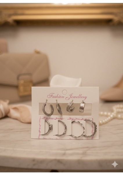 Gümüş Renk Eklem Yüzük ve Küpe Seti