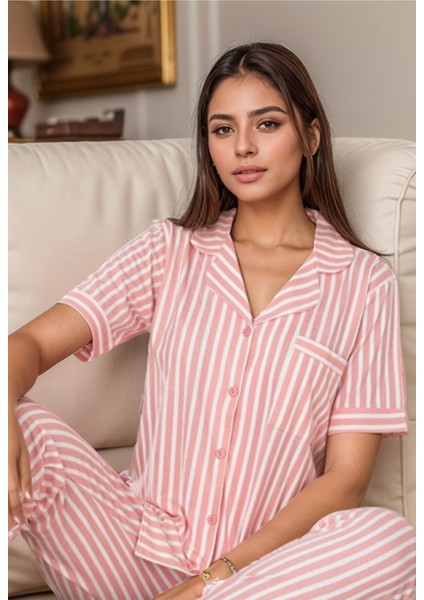 Kadın Ev Giyim Kısa Kollu Regular Pembe Çizgili Pijama Takımı A1.L01.IS.00.SA004 fiyatları