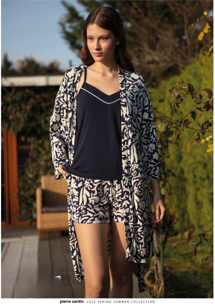 Kadın Giyim Askılı & Şort & Sabahlık 3 Parça Kutulu Lacivert & Ekru Pijama Takımı L1.PC.004.102.K12