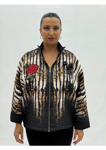 Büyük Beden Çiçek Motifli Leopar Desenli Kapri Kol Kadın Ince Rüzgarlık Ceket