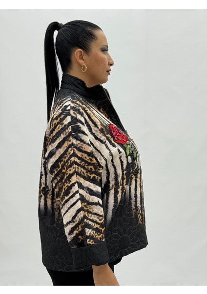 Büyük Beden Çiçek Motifli Leopar Desenli Kapri Kol Kadın Ince Rüzgarlık Ceket modelleri