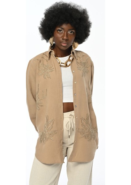 Kadın Nakış Işlemeli Oversize Kesim Düz Renk Gömlek fiyatları