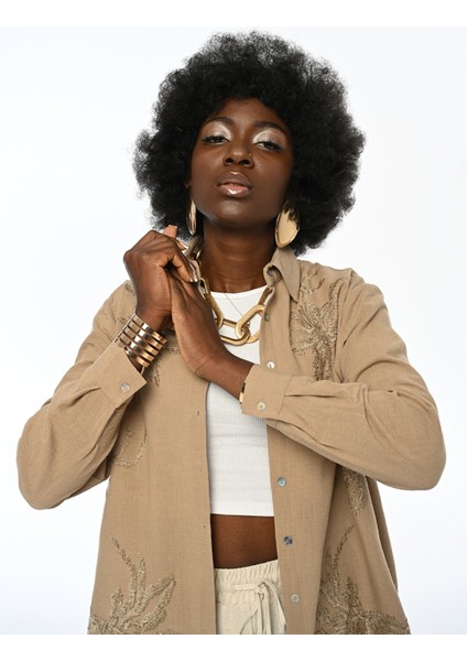 Kadın Nakış Işlemeli Oversize Kesim Düz Renk Gömlek modelleri