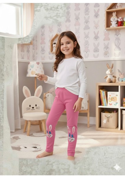 Ideal Sepet Tavşan Nakışlı %100 Pamuk Kız Çocuk Tayt