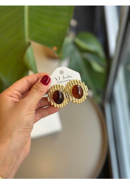 Taşlı Küpe - Kahverengi