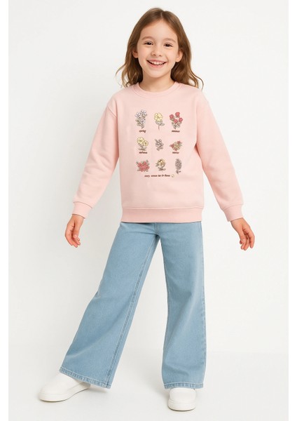 Kız Çocuk Sweatshirt Pembe Uzun Kollu Çiçek Desenli Çocuk Sweat