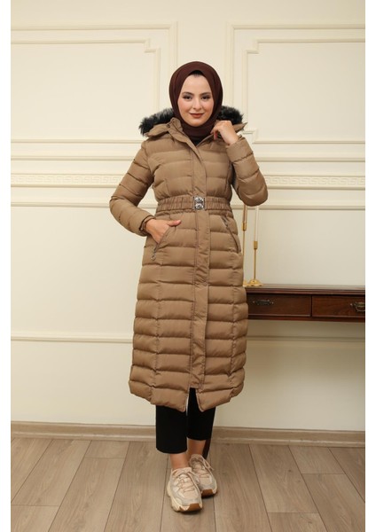 Kadın Yeni Sezon Memori Kumaş Kemerli Kapşonlu Su Geçirmez Şişme Mont