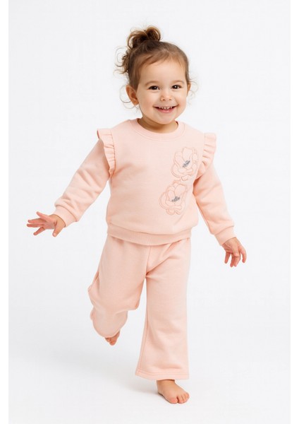 Kız Çocuk Sweatshirt Şardonlu Kumaş Pembe Uzun Kollu Çiçek Desenli Çocuk Sweat