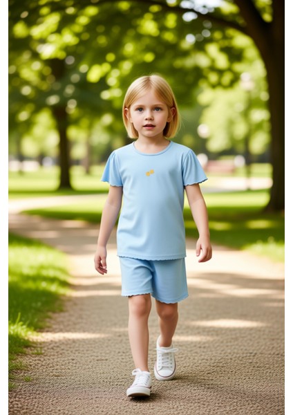 Kız Çocuk Pamuklu Minimal Nakışlı Bisiklet Yaka Kısa Kollu T Shirt ve Şort Takımı Kaliteli