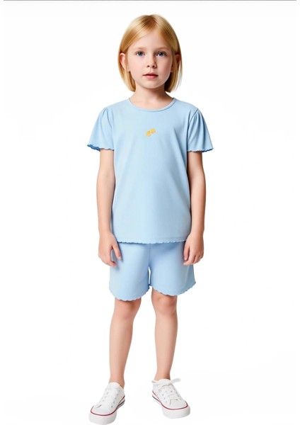 Kız Çocuk Pamuklu Minimal Nakışlı Bisiklet Yaka Kısa Kollu T Shirt ve Şort Takımı Kaliteli fırsatları