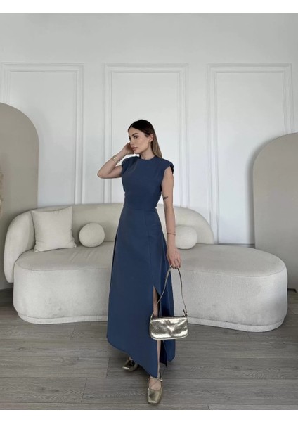 Keten Yandan Yırtmaçlı Uzun Elbise Sıfır Kol Elbise - Mavi fiyatları