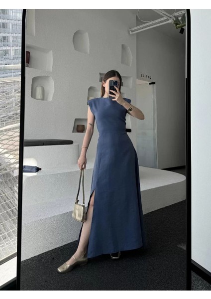 Keten Yandan Yırtmaçlı Uzun Elbise Sıfır Kol Elbise - Mavi modelleri