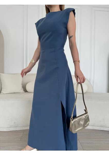 Keten Yandan Yırtmaçlı Uzun Elbise Sıfır Kol Elbise - Mavi fırsatları