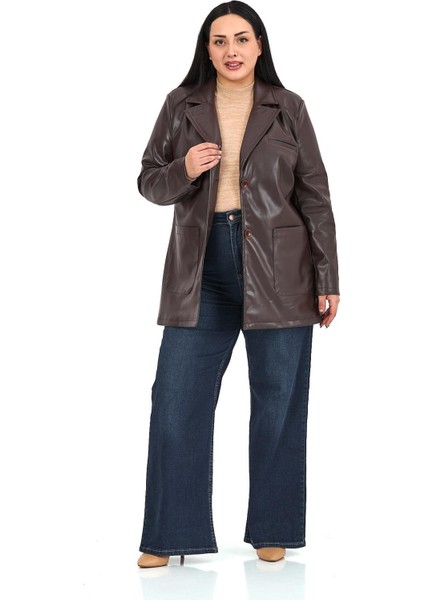 Büyük Beden Torba Cepli Düğmeli Astarlı Koyu Kahverengi Suni Deri Ceket