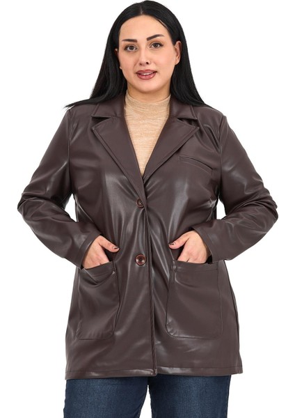 Büyük Beden Torba Cepli Düğmeli Astarlı Koyu Kahverengi Suni Deri Ceket fiyatları