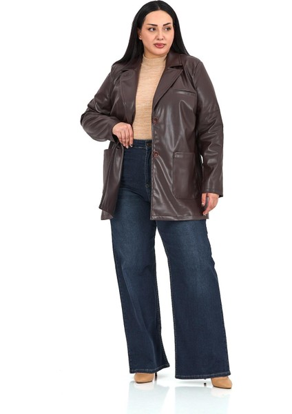 Büyük Beden Torba Cepli Düğmeli Astarlı Koyu Kahverengi Suni Deri Ceket fırsatları