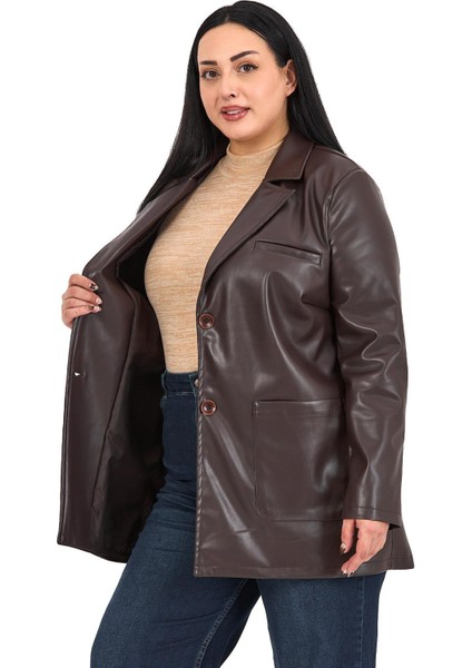 Büyük Beden Torba Cepli Düğmeli Astarlı Koyu Kahverengi Suni Deri Ceket indirimleri