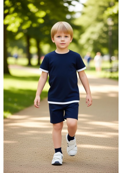 Erkek Çocuk Pamuklu Bisiklet Yaka Kısa Kollu Üst ve Şort Takımı Kaliteli Şık Rahat