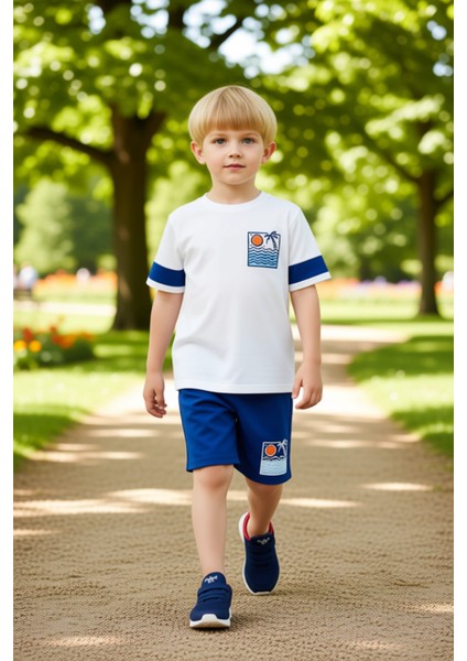 Erkek Çocuk Pamuklu Baskılı Kısa Kollu Gömlek Yaka Üst ve Şort Takımı Kaliteli Şık Rahat