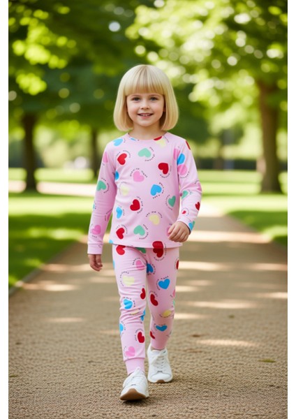 Kız Çocuk Pamuk Polyester Örme Kalp Desenli Pijama Takımı Kaliteli Şık Rahat Günlük