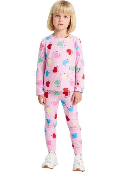 Kız Çocuk Pamuk Polyester Örme Kalp Desenli Pijama Takımı Kaliteli Şık Rahat Günlük fırsatları