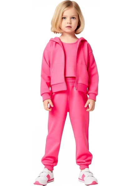 Kız Çocuk Üçlü Pamuklu Kapüşonlu Fermuarlı Üst ve Ribana Detaylı Alt Giyim Seti Kaliteli Şık fırsatları