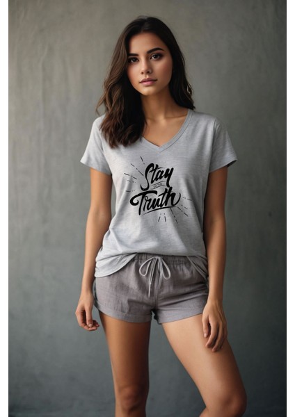 Stay On The Truth Baskılı Gri Melanj V Yaka Tişört