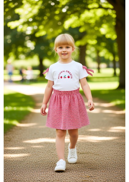 Kız Çocuk Kısa Kollu Üst ve Dokuma Etek Takımı Kaliteli Şık Rahat Günlük