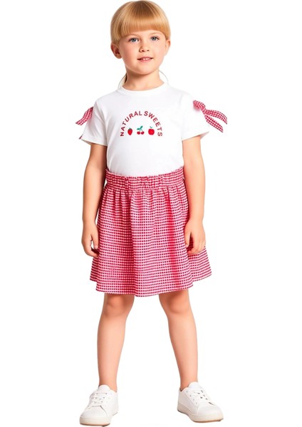 Kız Çocuk Kısa Kollu Üst ve Dokuma Etek Takımı Kaliteli Şık Rahat Günlük fırsatları