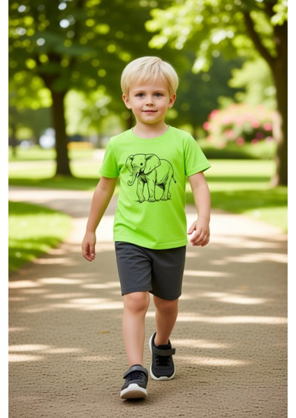 Erkek Çocuk %100 Pamuk Fil Baskılı Bisiklet Yaka Kısa Kollu Üst ve Şort Takımı Kaliteli Şık