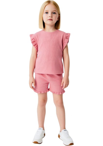 Kız Çocuk Pamuklu Müslin Fırfır Detaylı Tişört ve Şort Seti Kaliteli Şık Rahat fiyatları