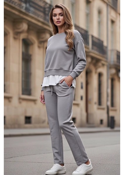 Kadın Basic Bisiklet Yaka Etek Ucu Detaylı Sweatshirt ve Pantolon Eşofman Takımı- Siyah/melanj/gri