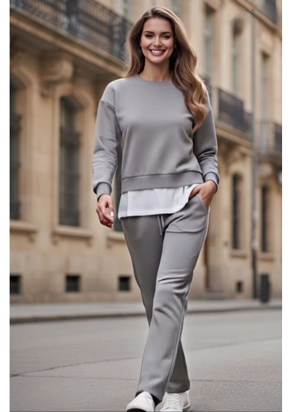 Kadın Basic Bisiklet Yaka Etek Ucu Detaylı Sweatshirt ve Pantolon Eşofman Takımı- Siyah/melanj/gri fiyatları