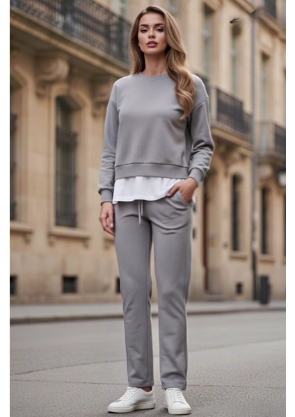 Kadın Basic Bisiklet Yaka Etek Ucu Detaylı Sweatshirt ve Pantolon Eşofman Takımı- Siyah/melanj/gri modelleri