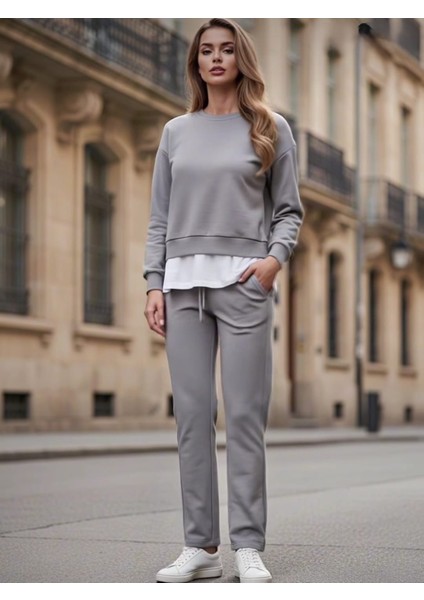 Kadın Basic Bisiklet Yaka Etek Ucu Detaylı Sweatshirt ve Pantolon Eşofman Takımı- Siyah/melanj/gri fırsatları
