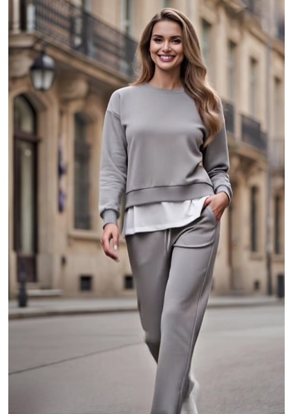 Kadın Basic Bisiklet Yaka Etek Ucu Detaylı Sweatshirt ve Pantolon Eşofman Takımı- Siyah/melanj/gri indirimleri