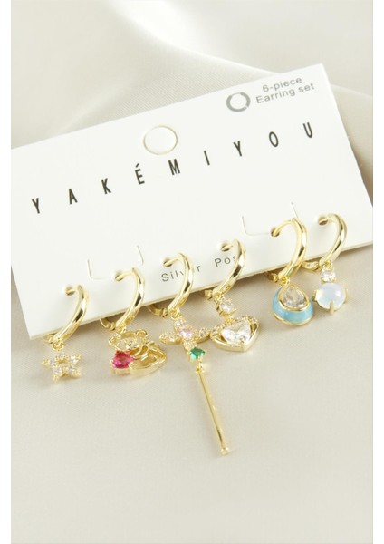 Yakemiyou 6 Adet Kalp Zirkon Taşlı Lüks Çelik Küpe