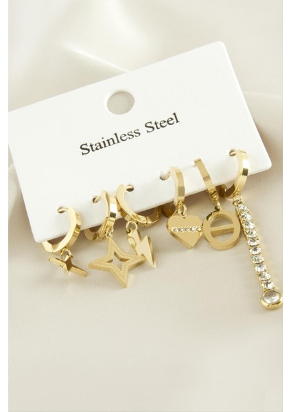 6 Adet Yıldız Zirkon Taşlı Lüks Çelik Küpe