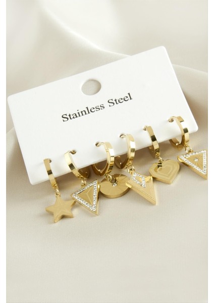 6 Adet Yıldız Zirkon Taşlı Lüks Çelik Küpe