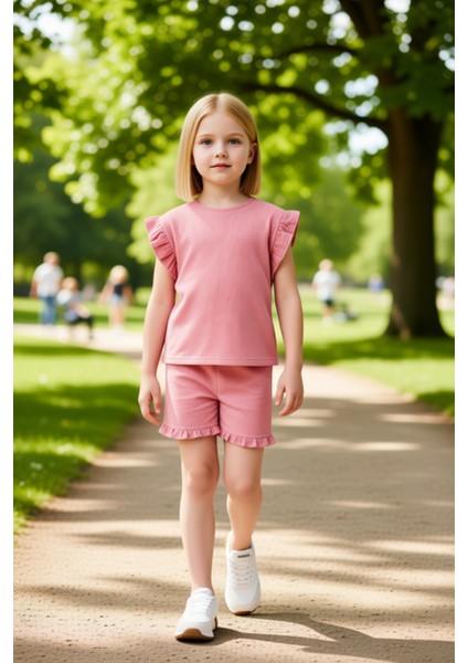 Kız Çocuk Pamuklu Müslin Fırfır Detaylı Tişört ve Şort Seti Kaliteli Şık Rahat modelleri