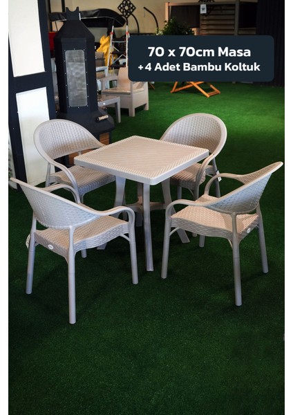 Bambu Balkon Bahçe Masa Takımı 4 Kişilik 70X70 Masa 4 Adet Bambu Koltuk Beyaz
