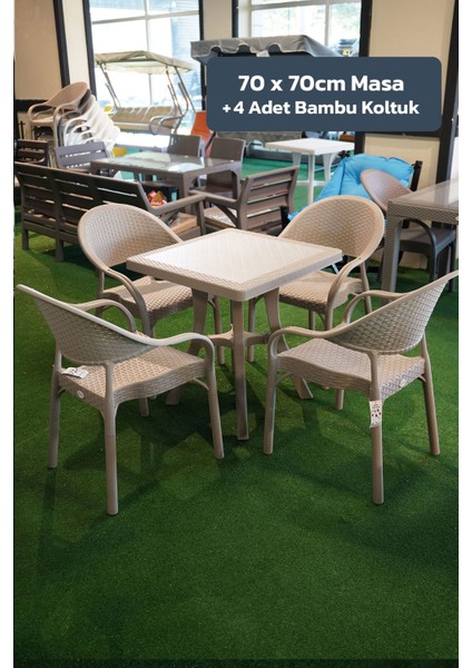 Bambu Balkon Bahçe Masa Takımı 4 Kişilik 70X70 Masa 4 Adet Bambu Koltuk Beyaz fiyatları