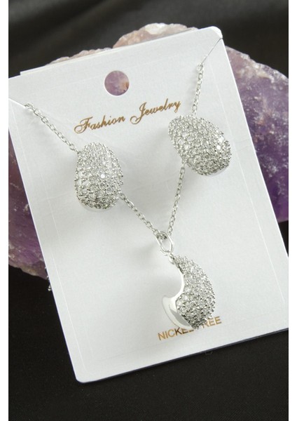 Oval Zirkon Taşlı Lüks Set Kolye