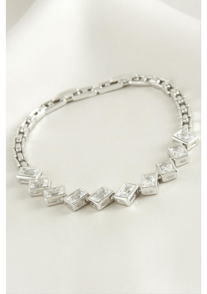 Xuping Dikdörtgen Zirkon Taşlı Lüks Çelik Bileklik