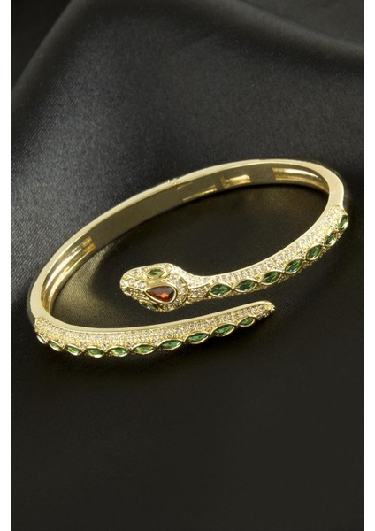 Yılan Zirkon Taşlı Lüks Çelik Kelepçe Bileklik