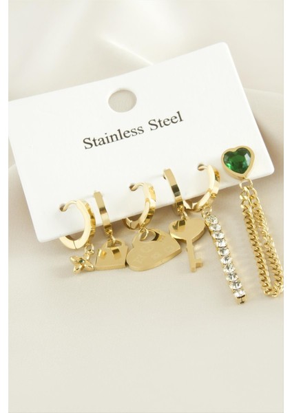 6 Adet Anahtar Kilit Zirkon Taşlı Lüks Çelik Küpe