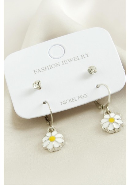 4 Adet Papatya Taşlı Mineli Halka Küpe