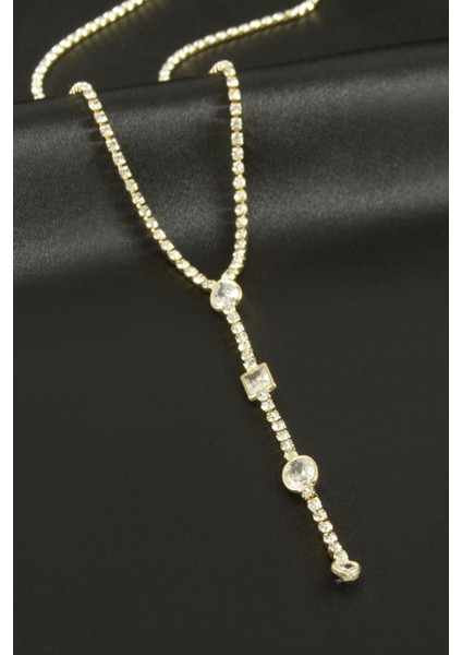 Oval Şerit Taşlı Çelik Y Kolye